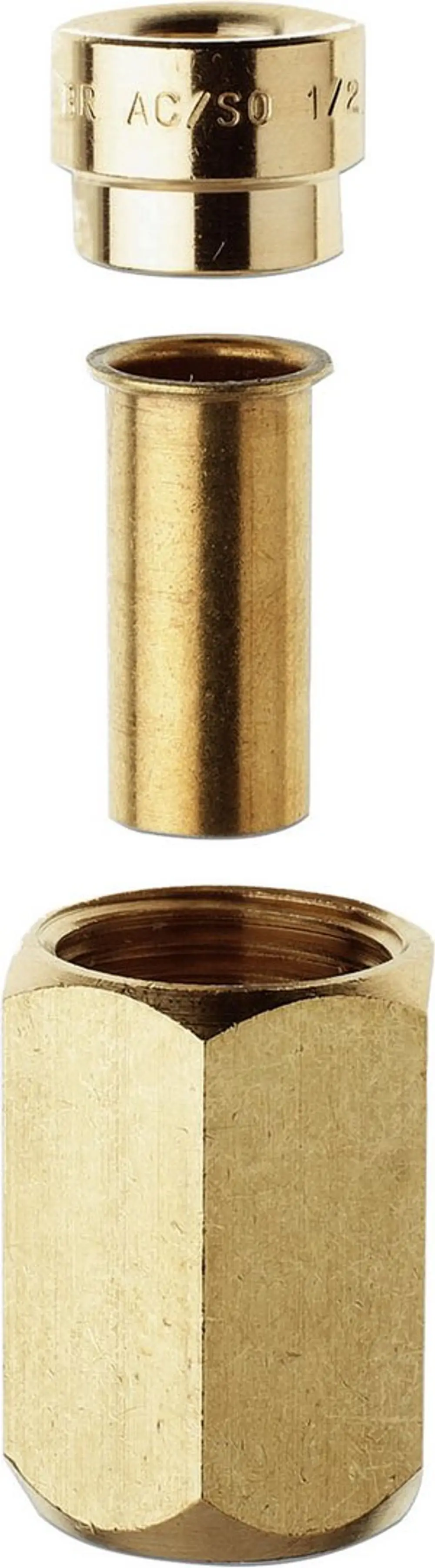 Drei Teile einer SAE-Klemmringverschraubung aus Messing, darunter ein Adapter und eine Mutter. Zubehör von Bosch für Klimageräte, geeignet für Verbindungstechnik.
